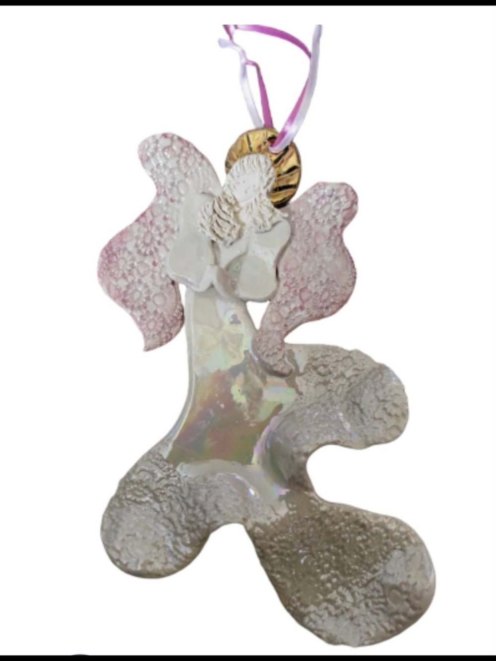 Iridescent Angel Hanging Ornament with Pink Wings